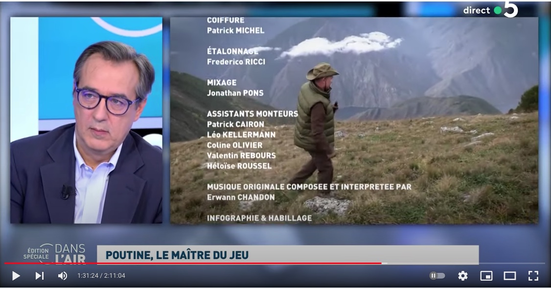 Screenshot Youtube. Poutine, maître du jeu « C dans l|air ». Emission spéciale de Caroline Roux. 01. 2021-10-18